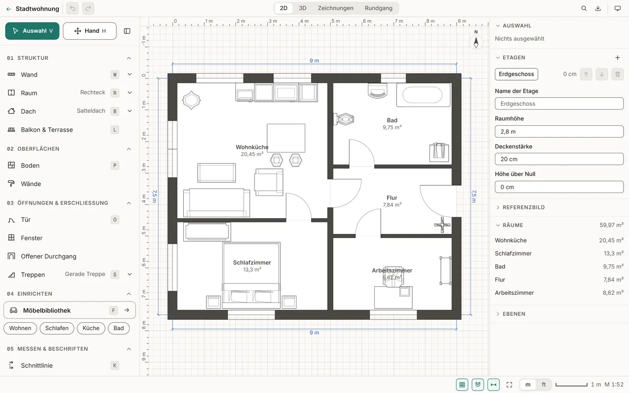 The editor in 2D: a furnished three-room city apartment, tools on the left, rooms and areas on the right