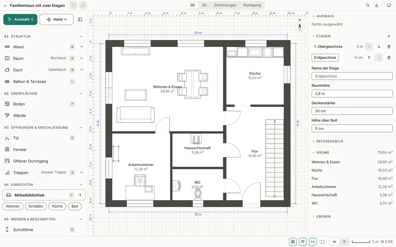 The RoomPlanning editor with the ground floor of a family house: living and dining, kitchen, hall, study, utility room and WC, with areas and dimensions