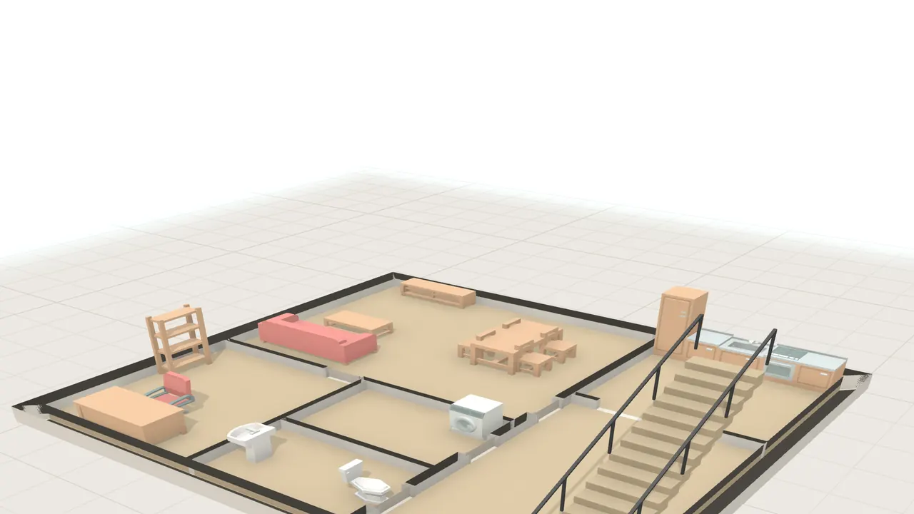 The same ground floor in 3D, with low walls and furniture