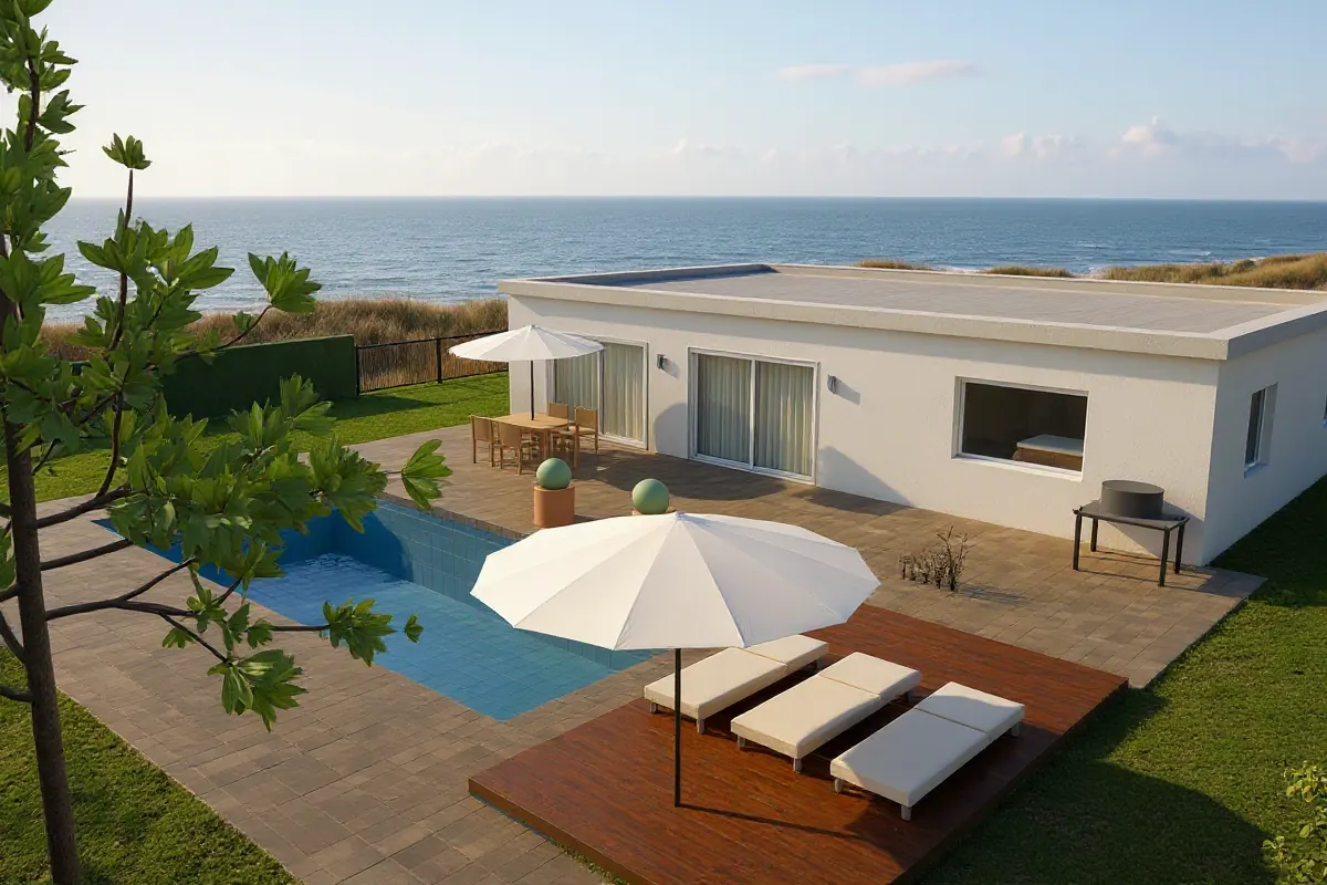 AI photo of the same bungalow: pool, loungers and parasol, dunes and the sea behind