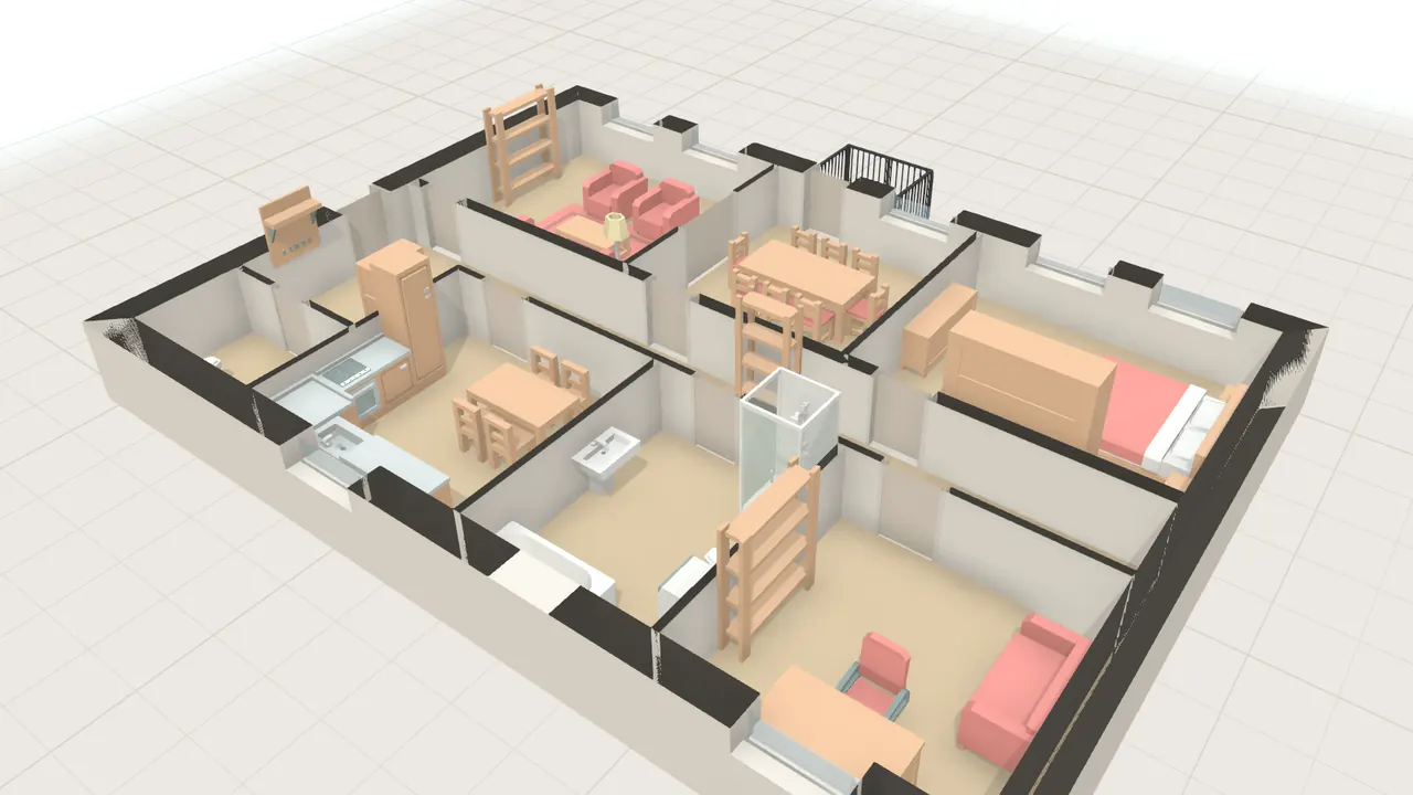 Altbauwohnung in 3D, von schräg oben, mit Möbeln