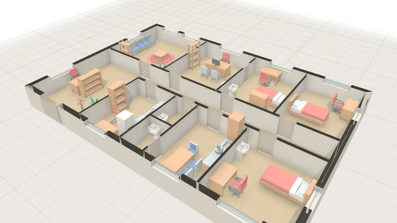 Arztpraxis in 3D, von schräg oben, mit Möbeln