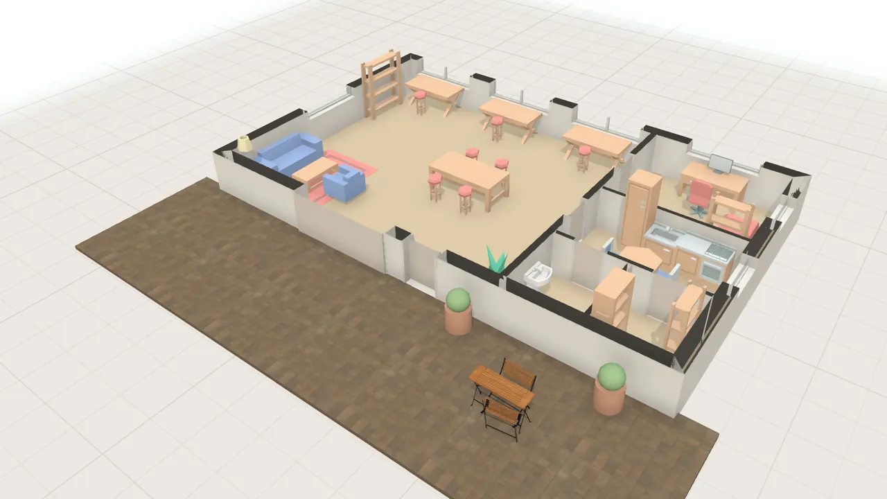 Atelier im Hinterhof in 3D, von schräg oben, mit Möbeln