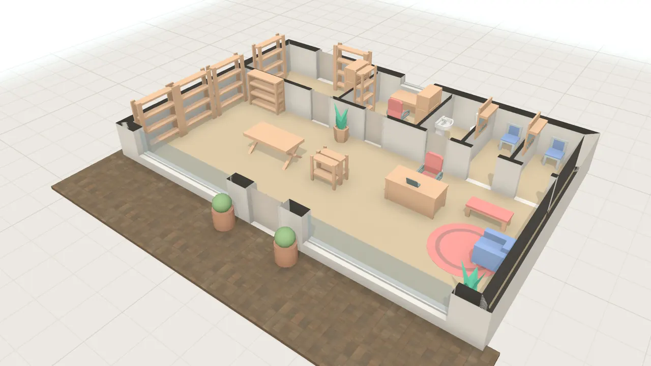 Boutique in 3D, von schräg oben, mit Möbeln