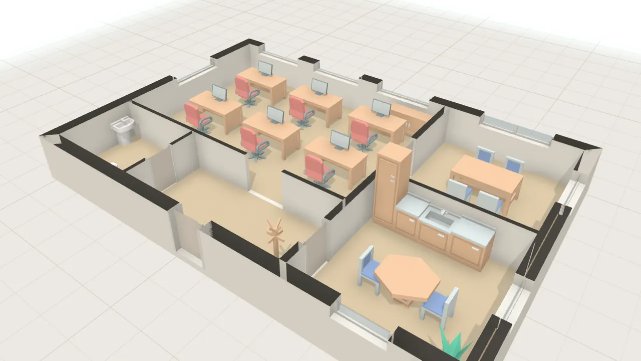 Kleines Büro in 3D, von schräg oben, mit Möbeln