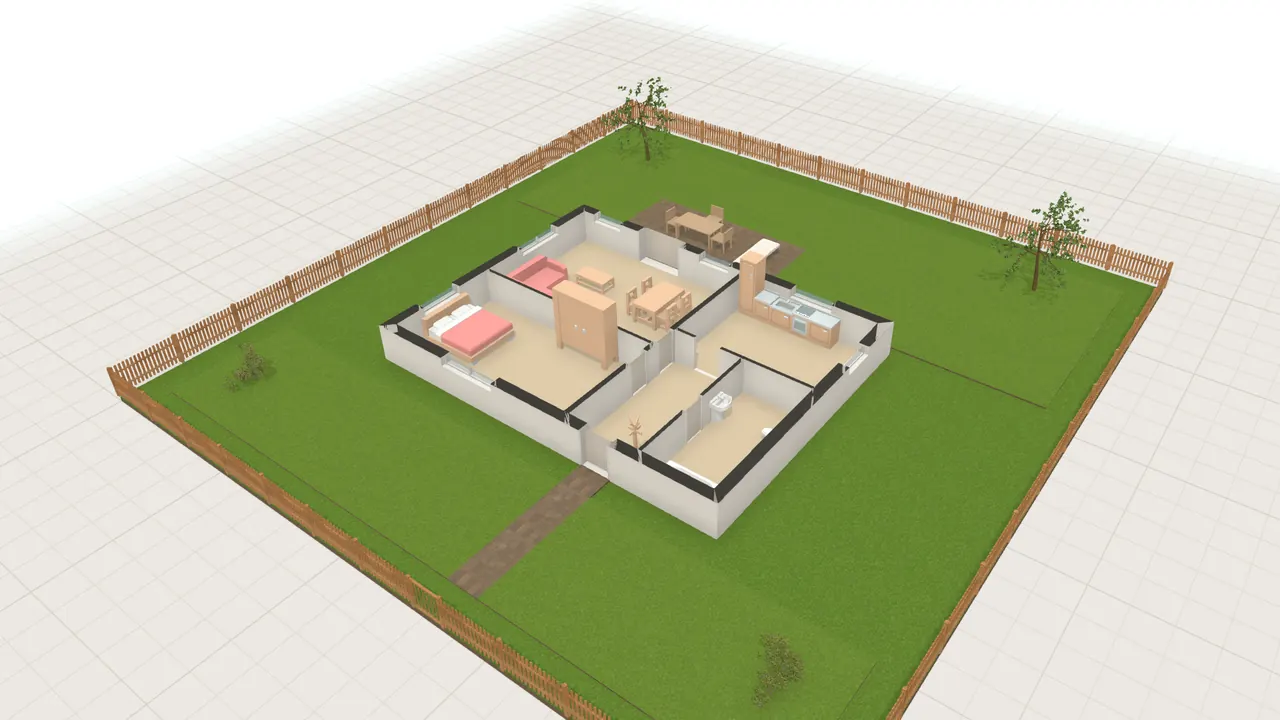 Bungalow mit Garten in 3D, von schräg oben, mit Möbeln