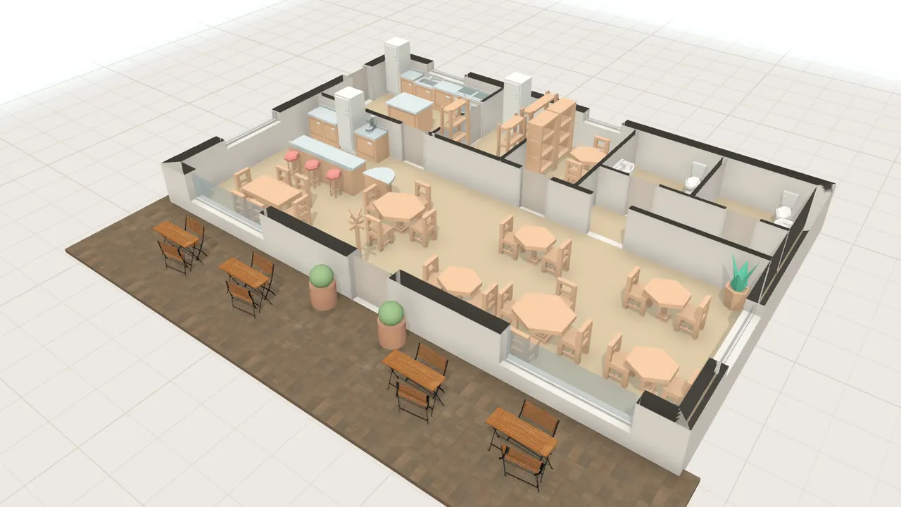 Café in 3D, von schräg oben, mit Möbeln