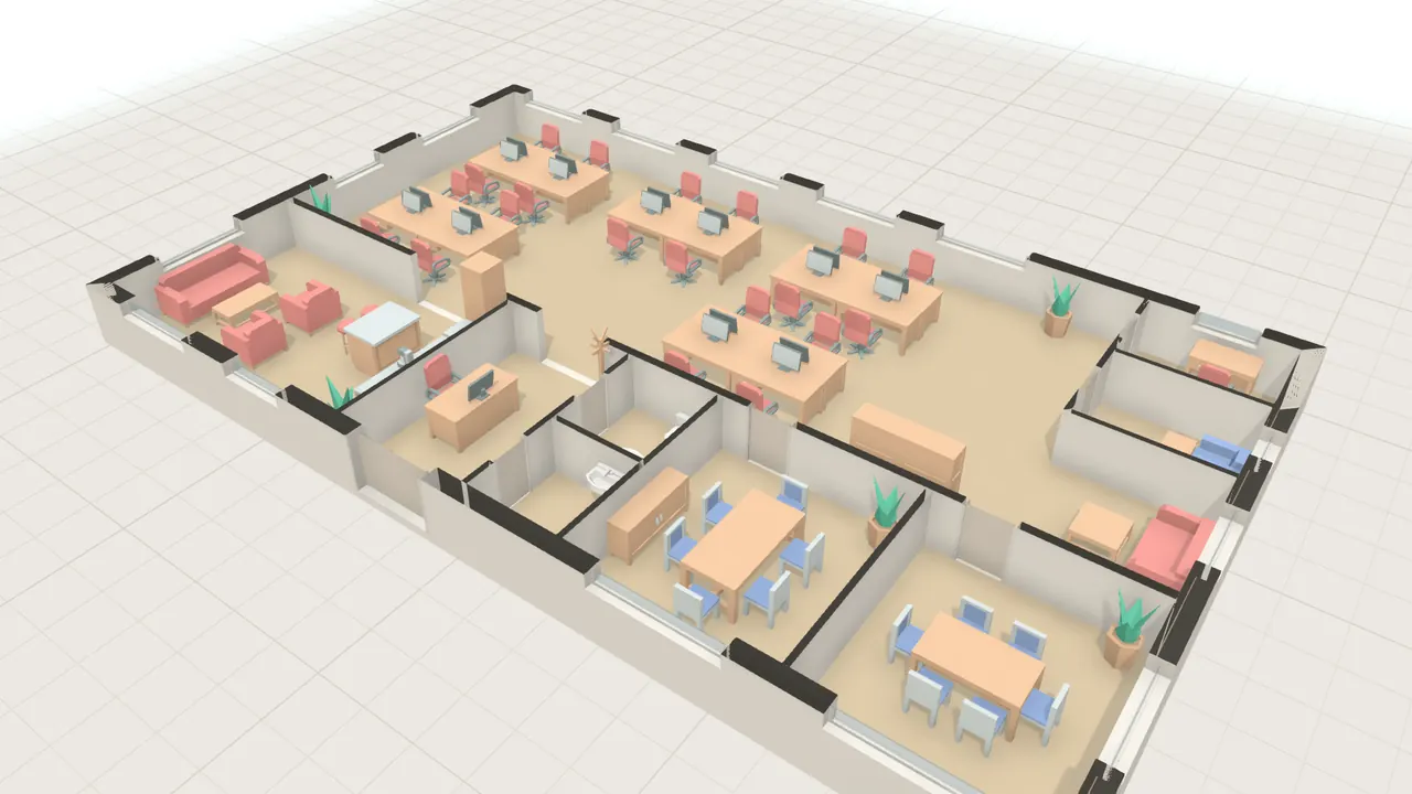 Coworking-Space in 3D, von schräg oben, mit Möbeln