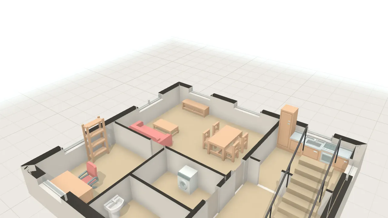 Familienhaus mit zwei Etagen in 3D, von schräg oben, mit Möbeln