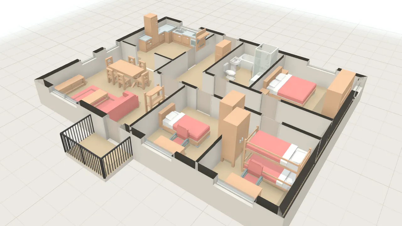 Familienwohnung mit vier Zimmern in 3D, von schräg oben, mit Möbeln