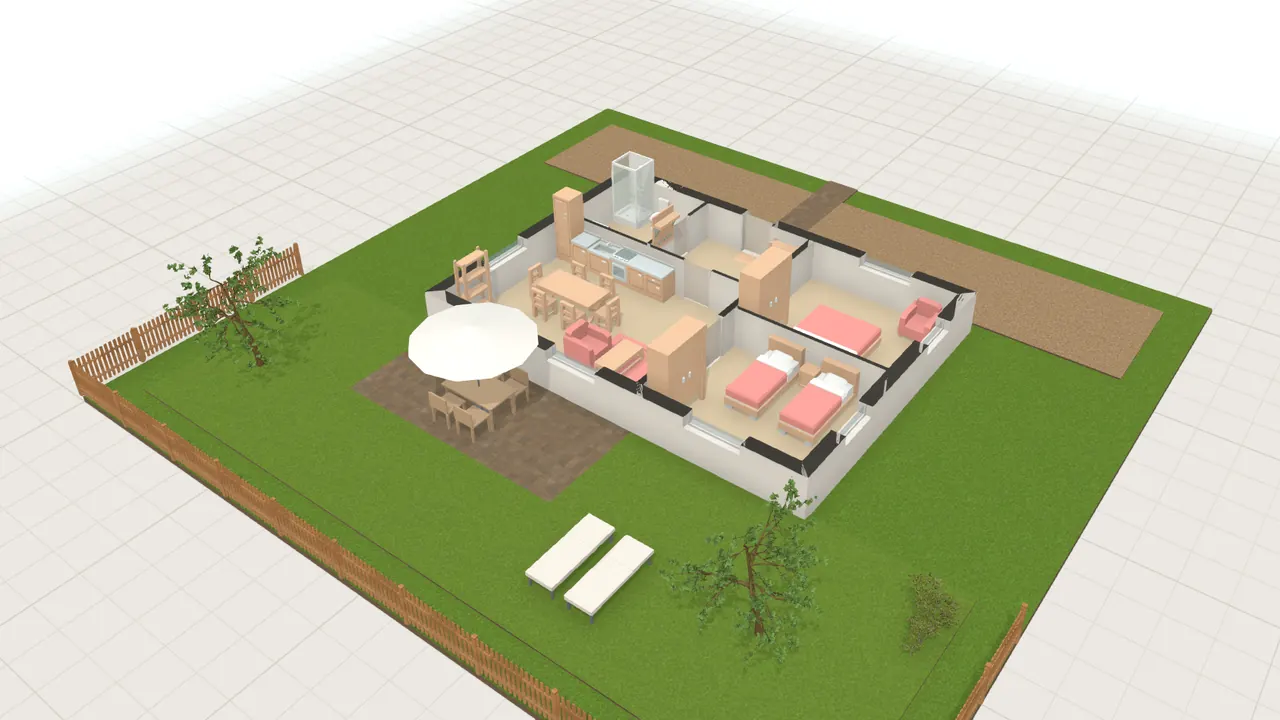 Ferienwohnung auf dem Land in 3D, von schräg oben, mit Möbeln