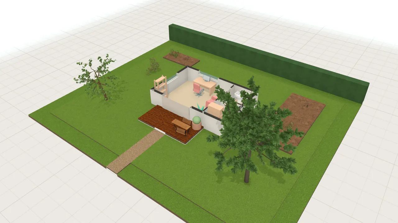 Büro im Gartenhaus in 3D, von schräg oben, mit Möbeln