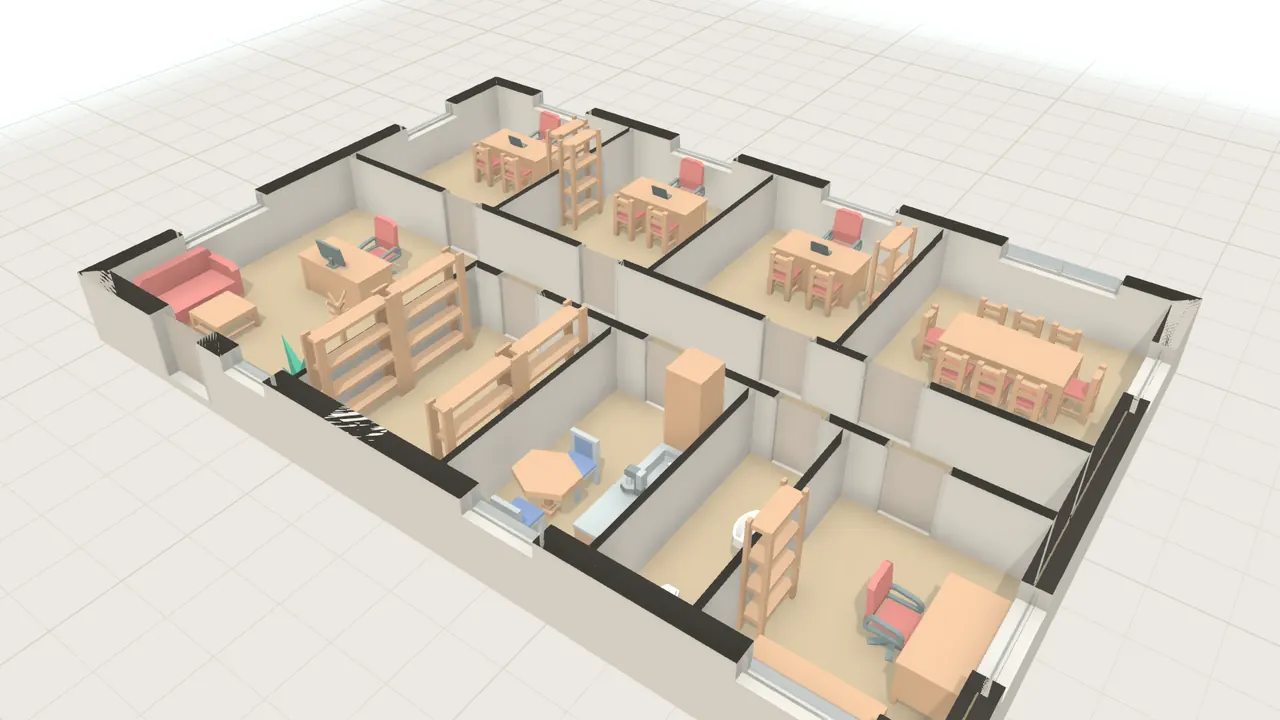 Kanzlei in 3D, von schräg oben, mit Möbeln