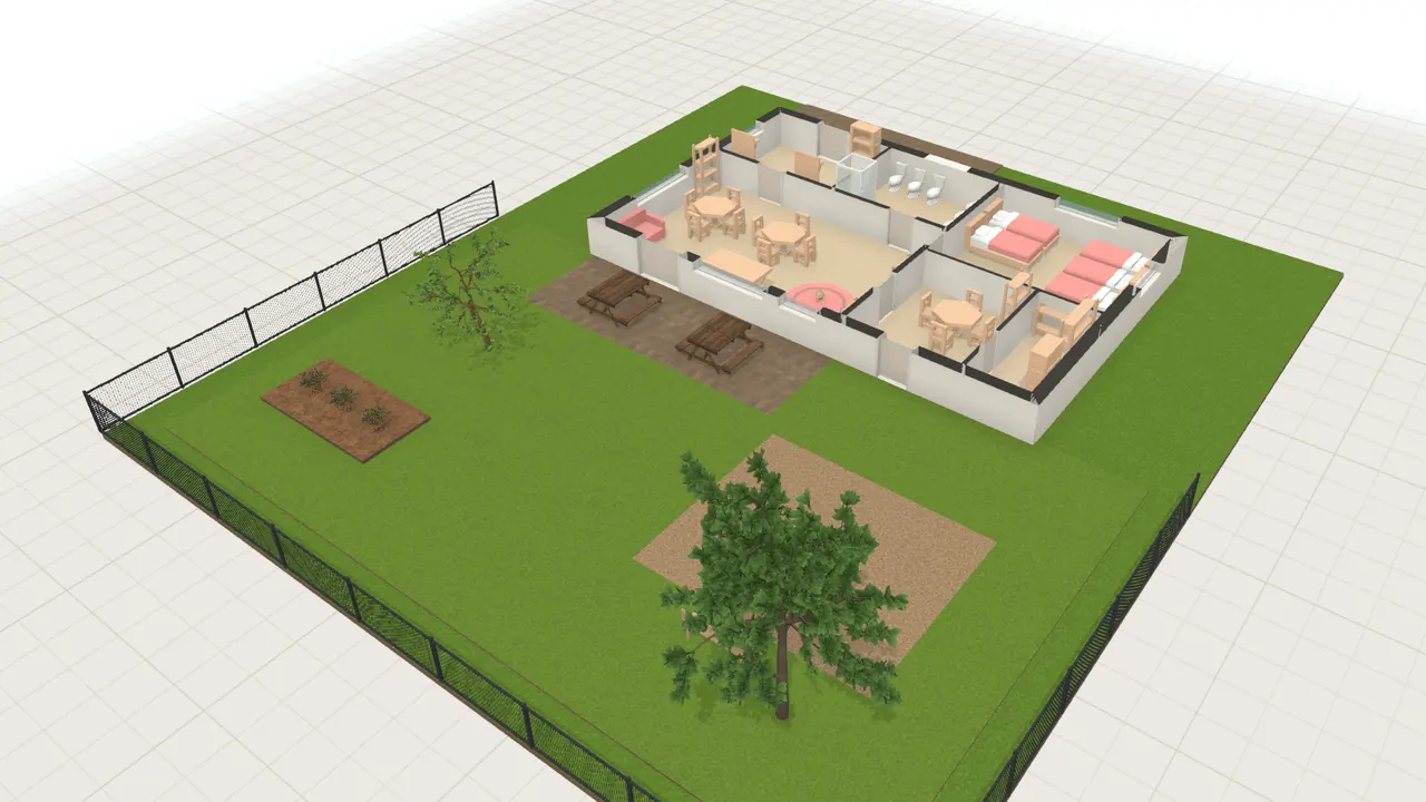 Kita-Gruppenraum in 3D, von schräg oben, mit Möbeln