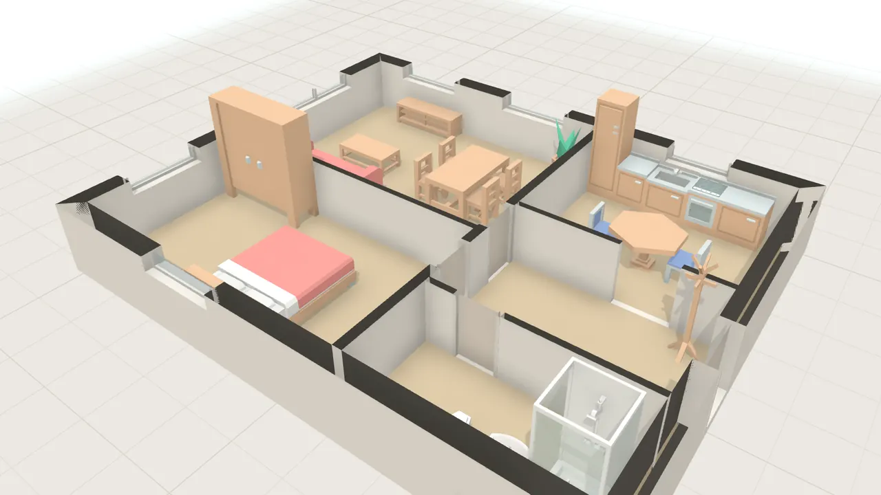 Kleines Haus in 3D, von schräg oben, mit Möbeln