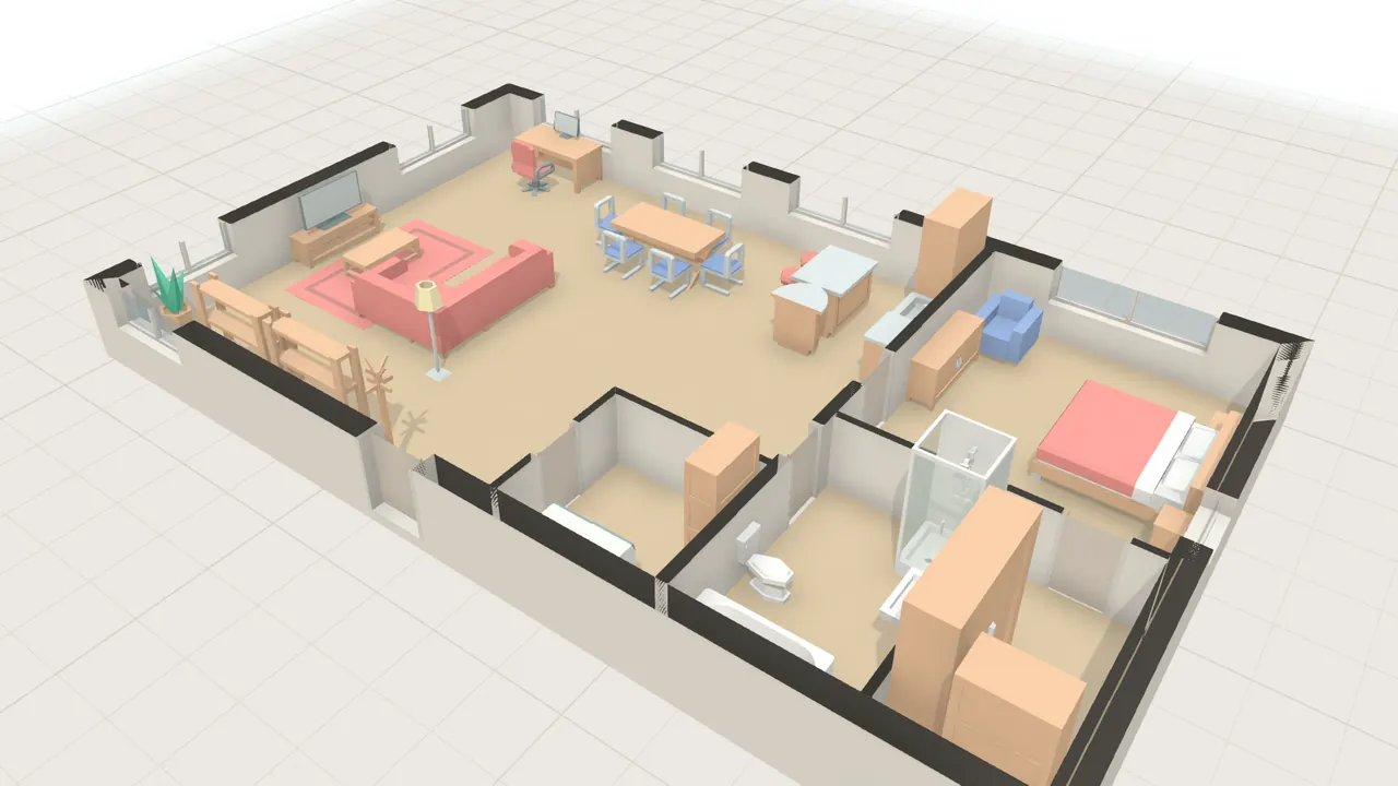 Loft im Fabrikgebäude in 3D, von schräg oben, mit Möbeln