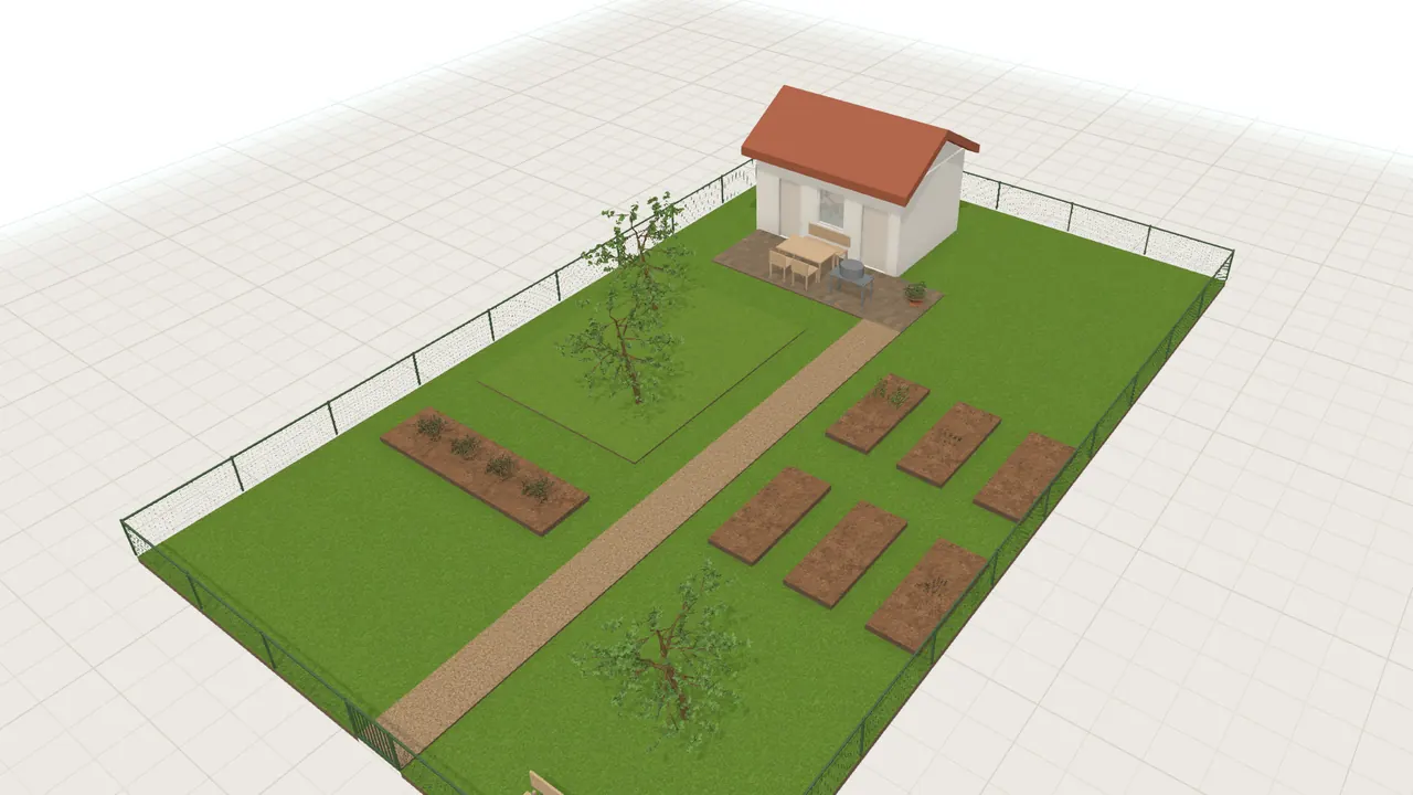Nutzgarten mit Hochbeeten in 3D, von schräg oben, mit Möbeln