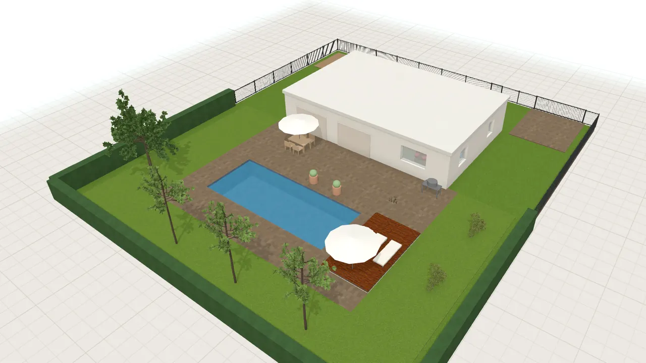 Terrasse mit Pool in 3D, von schräg oben, mit Möbeln