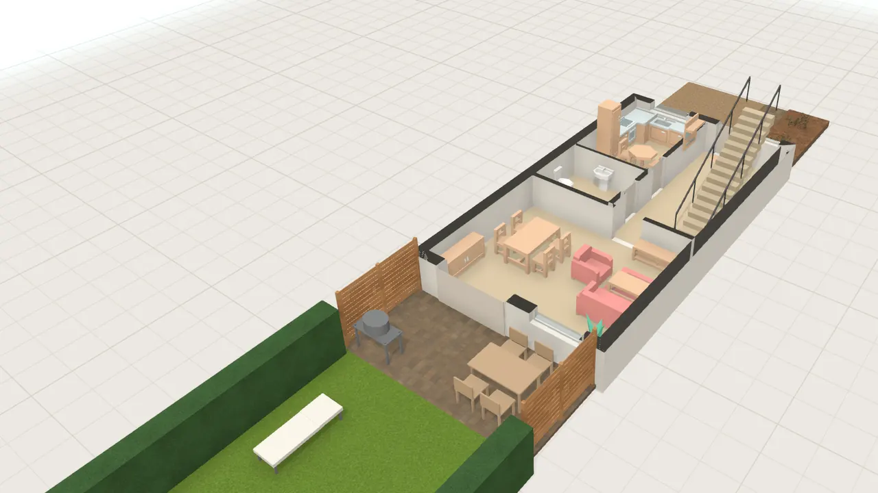 Reihenhaus mit Garten in 3D, von schräg oben, mit Möbeln