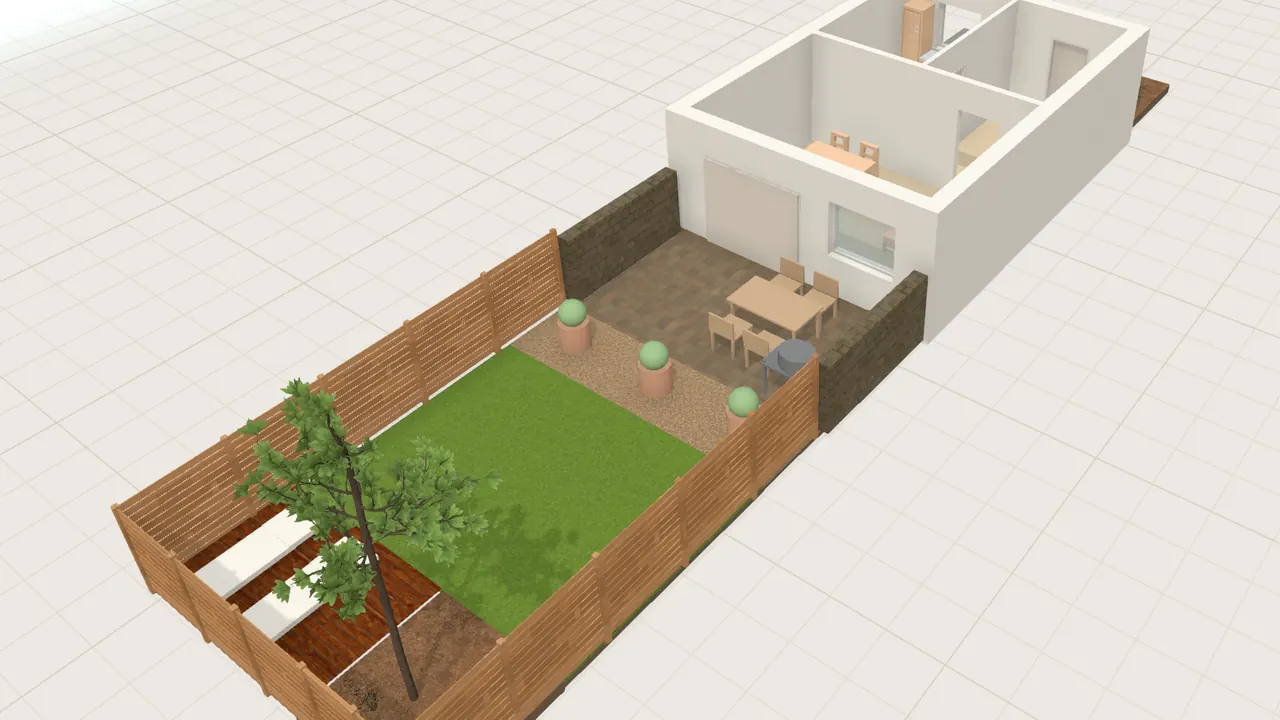 Reihenhausgarten in 3D, von schräg oben, mit Möbeln