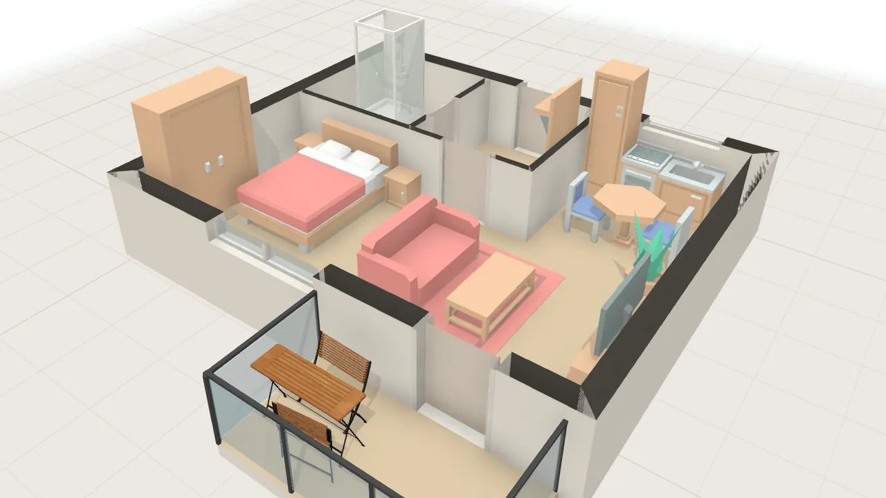 Single-Apartment in 3D, von schräg oben, mit Möbeln