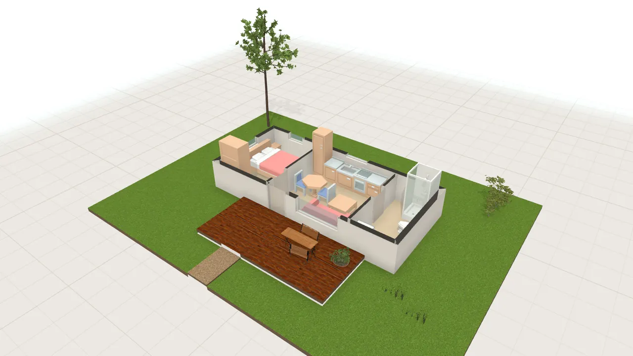 Tiny House in 3D, von schräg oben, mit Möbeln