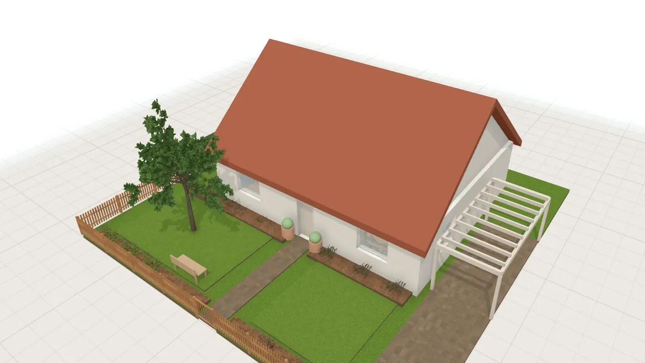 Vorgarten mit Carport in 3D, von schräg oben, mit Möbeln