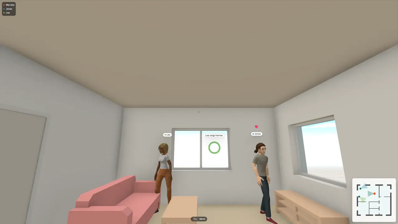 Walkthrough in the living room of a family house: two figures named Jonas and Lea, Lea points at the window, Jonas reacts with a heart